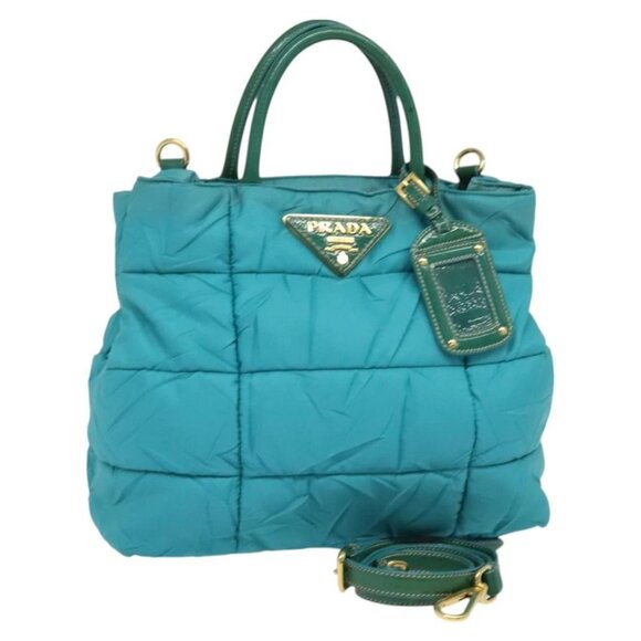 PRADA Hand Bag Nylon 2way Green Gold Auth - Picture 1 of 16